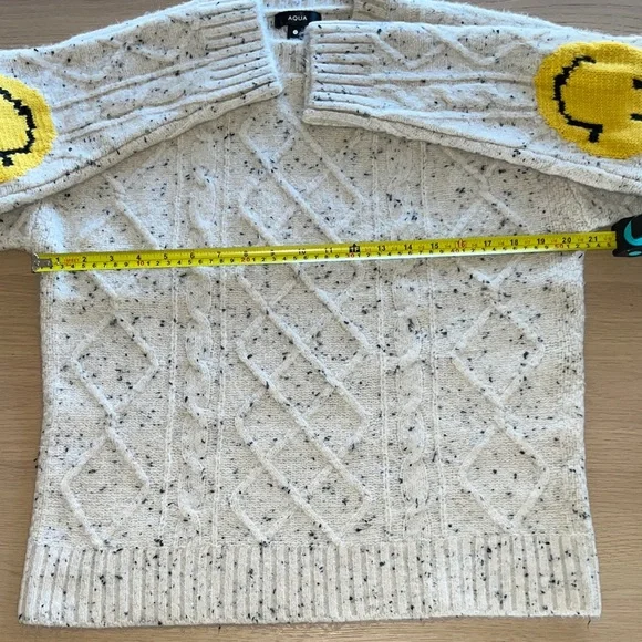 Bloomingdale’s Aqua Speckled Cream Sweater with Yellow Smiley Patches - Picture 6 of 8